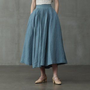 Linennaive - Ginkgo 33 (blue pleated linen skirt) - L - NWT